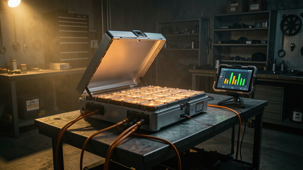 EV battery pack on diagnostic bench
